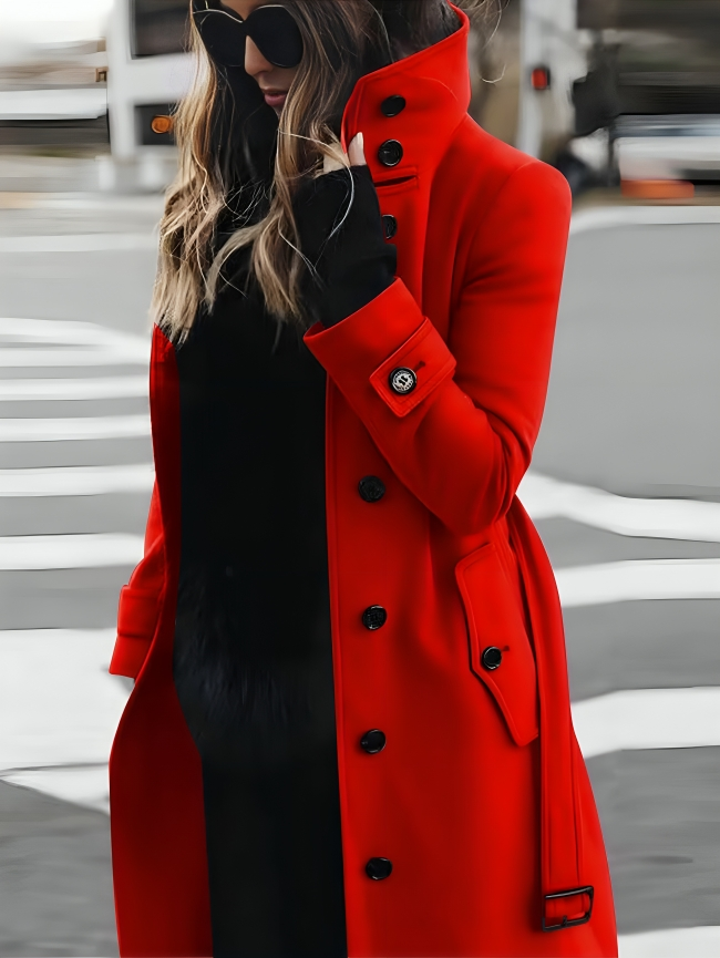Women's belted long coat with high collar and button front