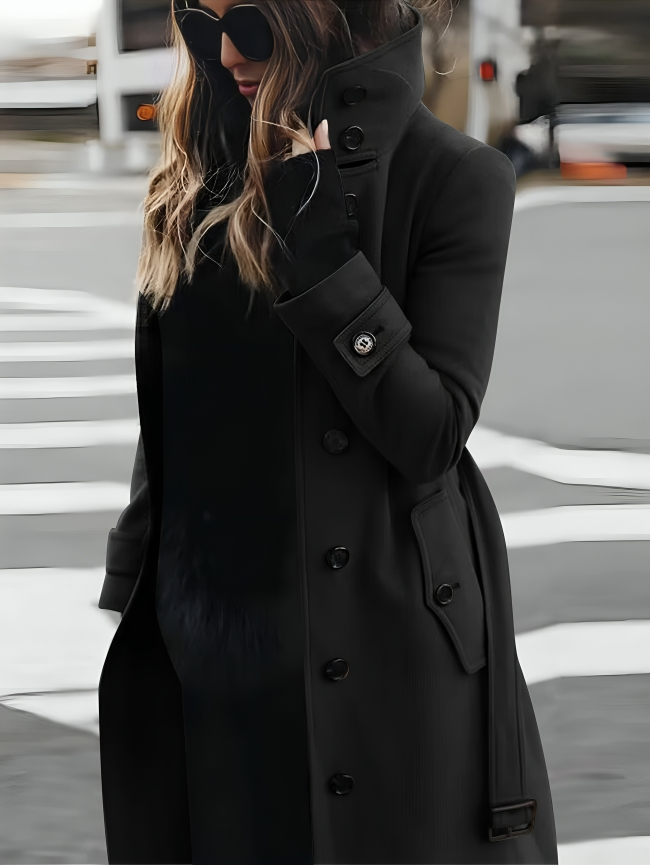 Women's belted long coat with high collar and button front