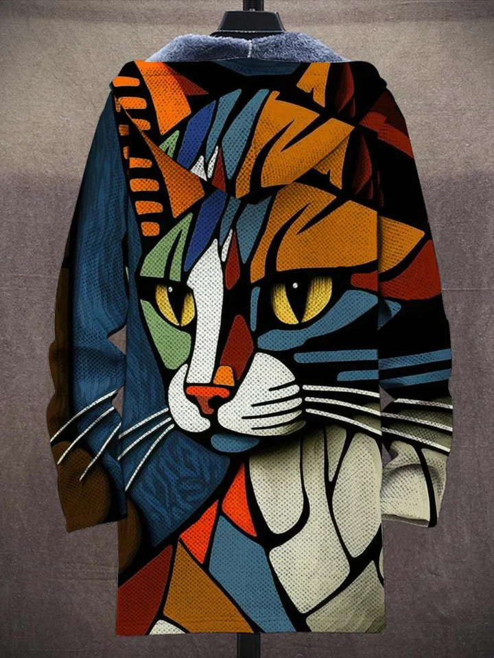 Women's multicoloured abstract graphic hooded cardigan with long sleeves and zip front