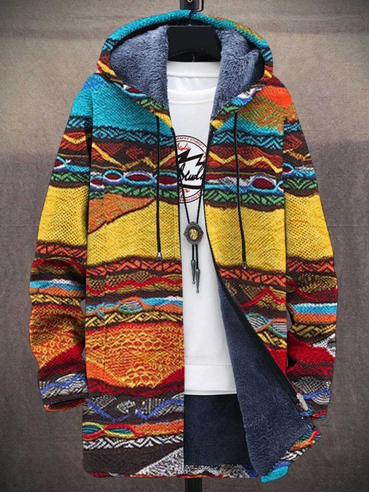 Women's multicoloured abstract graphic hooded cardigan with long sleeves and zip front