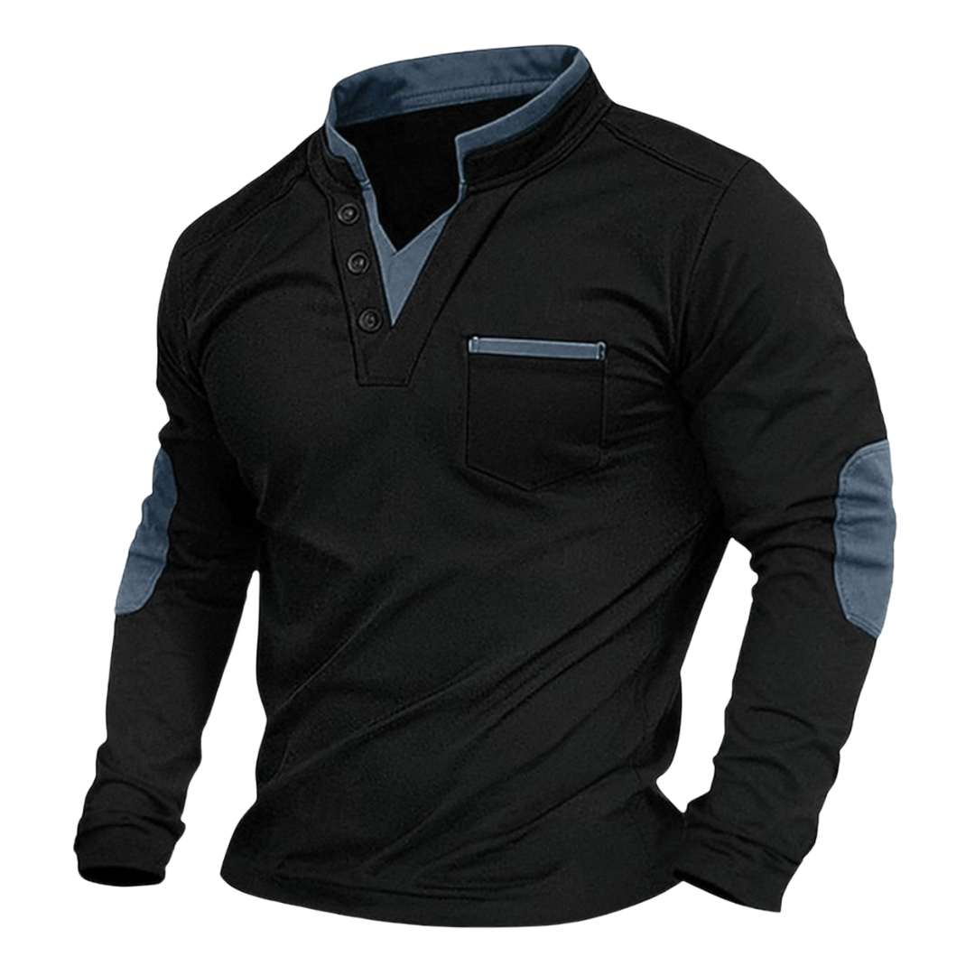 Men's long-sleeve stand-collar sweatshirt with button placket, chest pocket and contrasting elbow panels