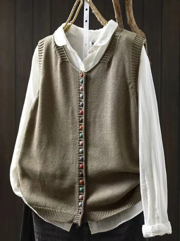 Women's sleeveless button-front knit vest with V-neck and ribbed trim