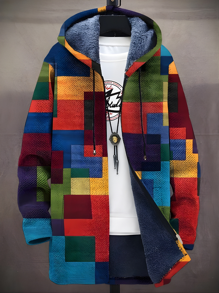 Multicolour geometric zip-up hoodie with hood and long sleeves