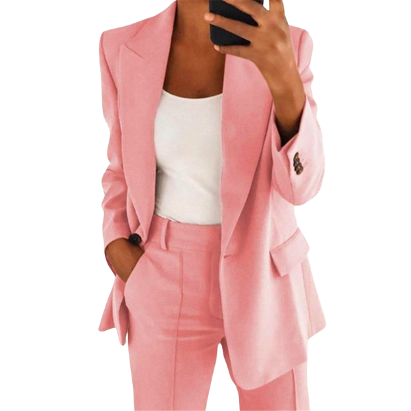 Women's tailored blazer and straight-leg trousers set with notched lapels and flap pockets