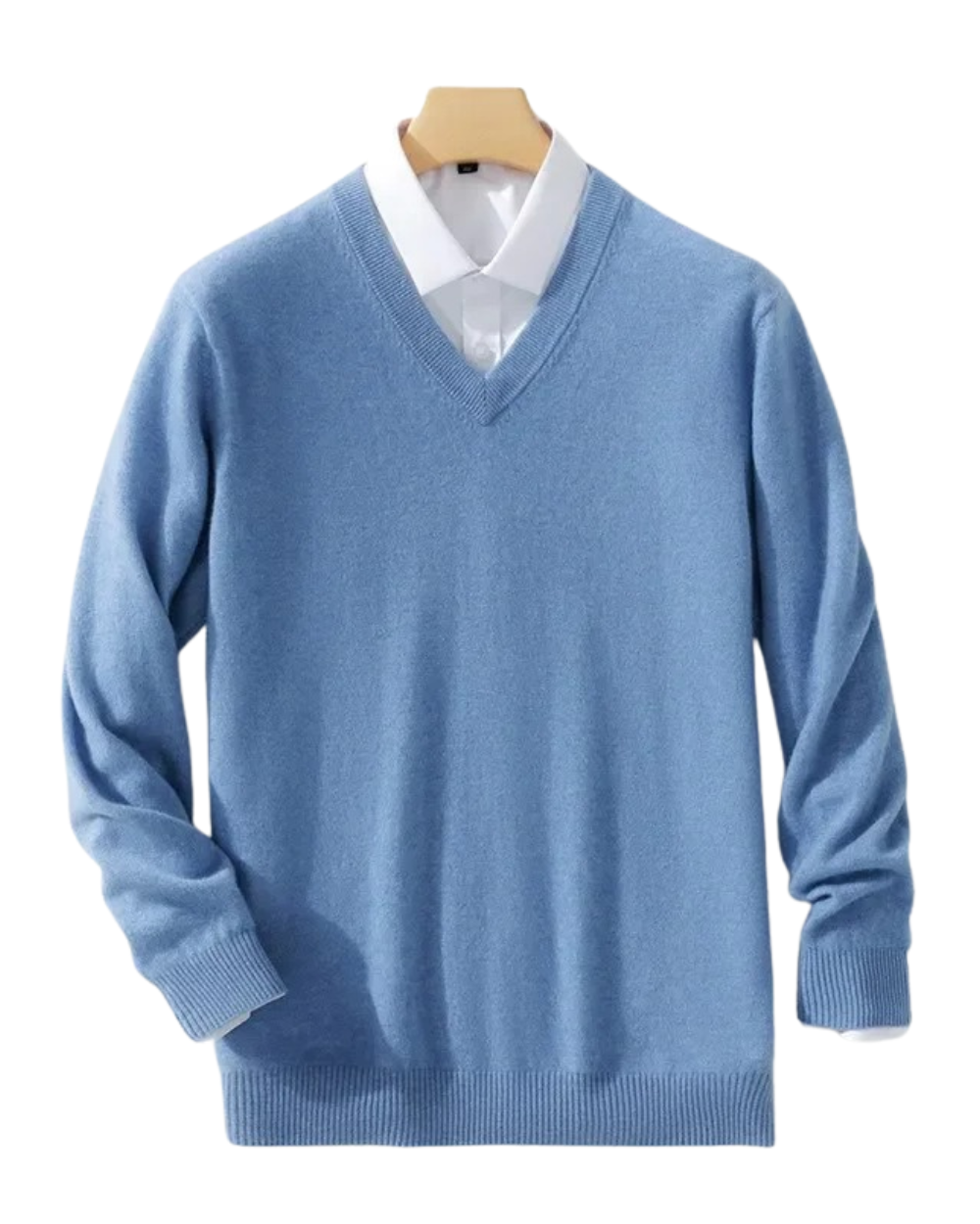 Men's long-sleeve V-neck sweater layered over a collared shirt