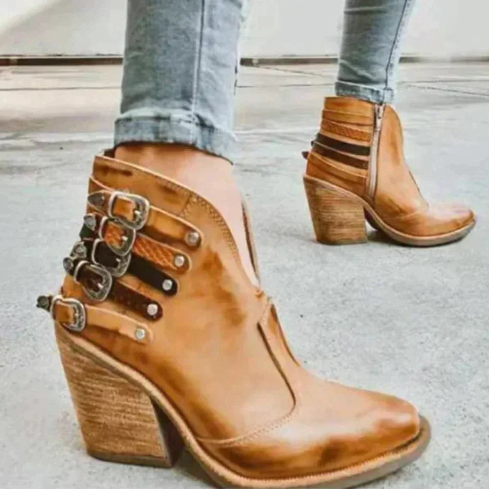 Women's ankle cowboy boots with buckle straps and high block heels