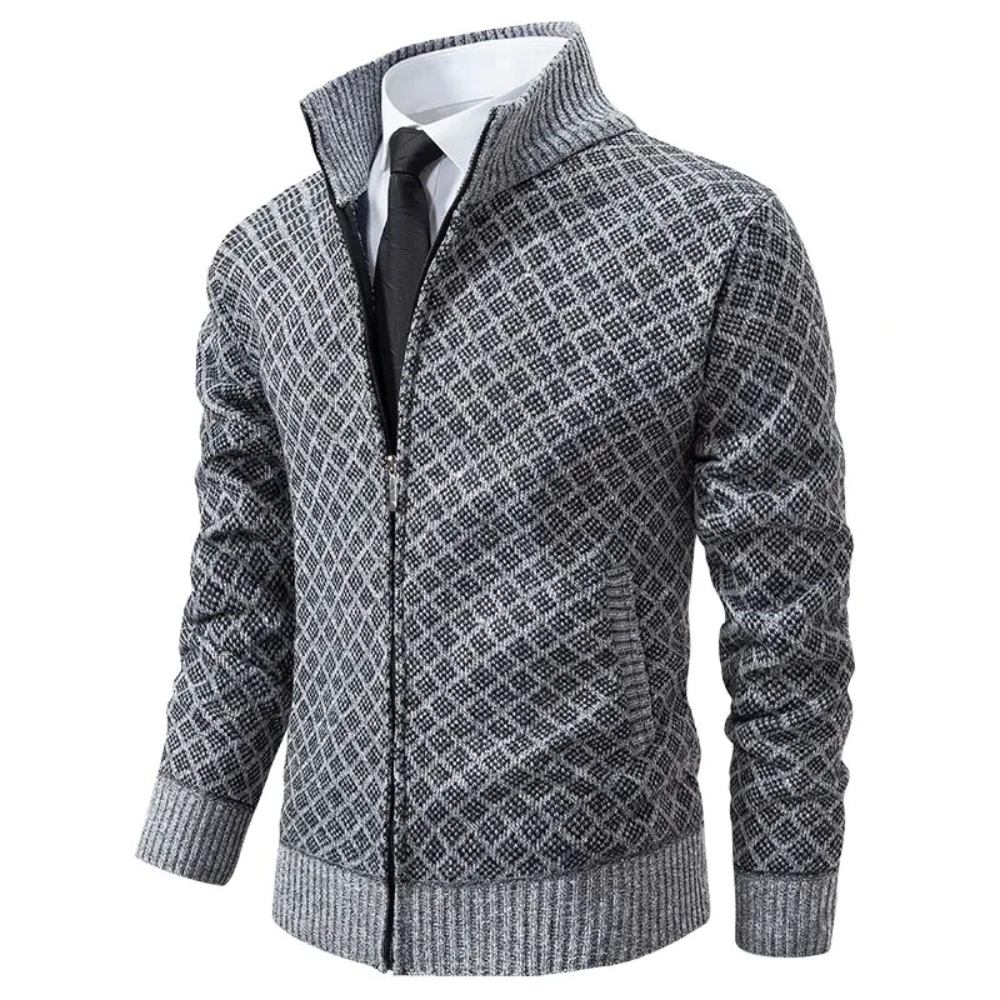 Long sleeve zip cardigan with diamond pattern and stand collar