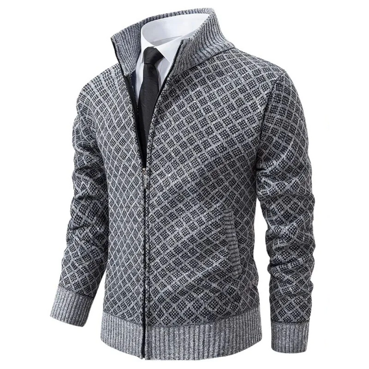 Long sleeve zip cardigan with diamond pattern and stand collar