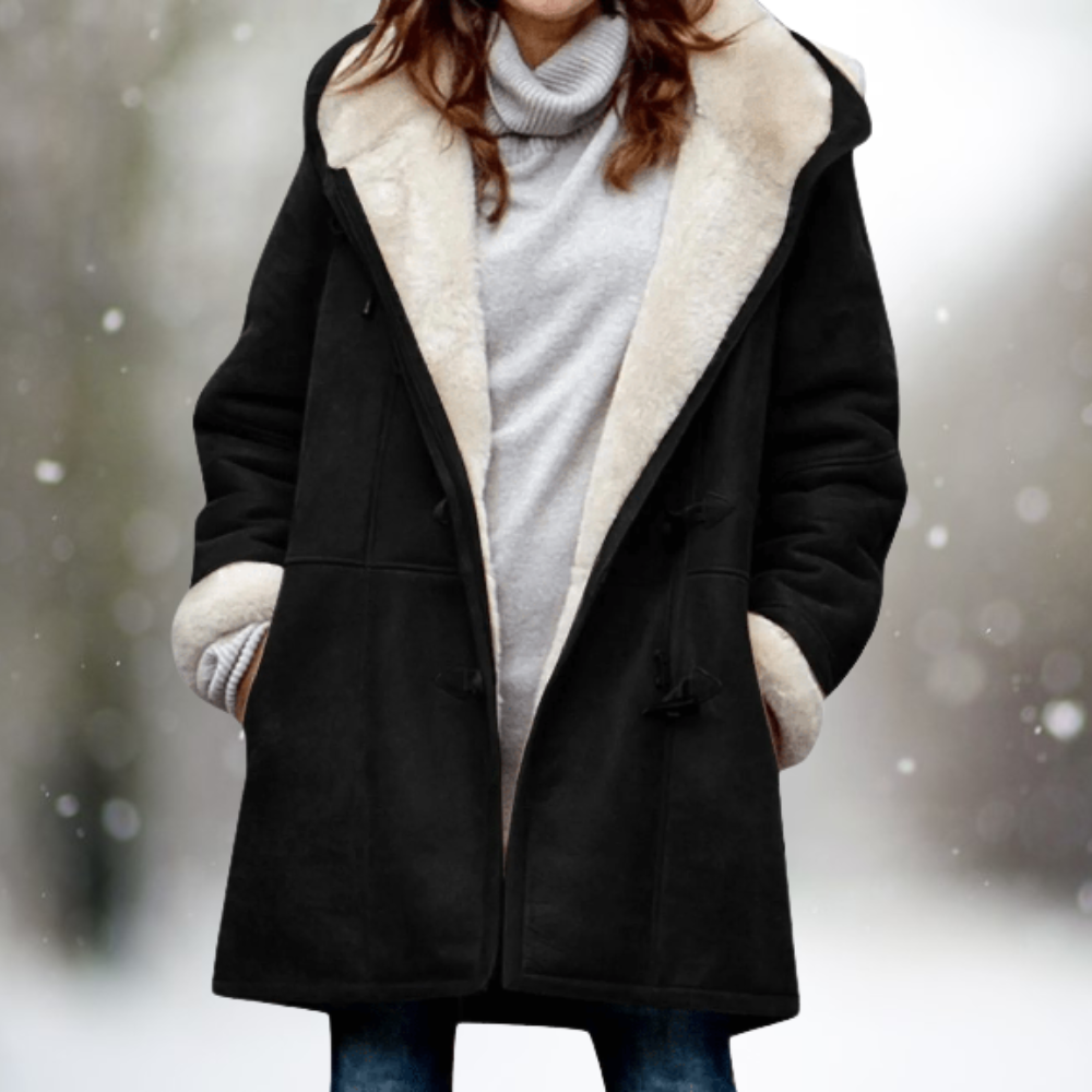 Women's hooded jacket with contrasting lining and toggle front