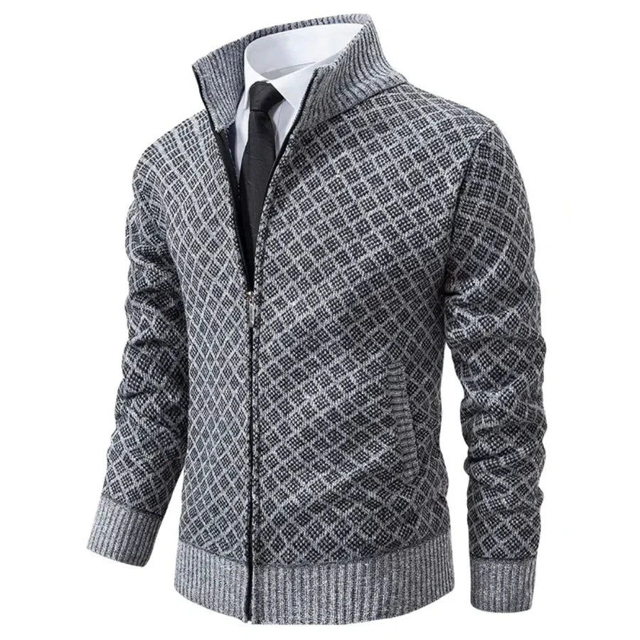Textured zip cardigan with diamond pattern and ribbed trims