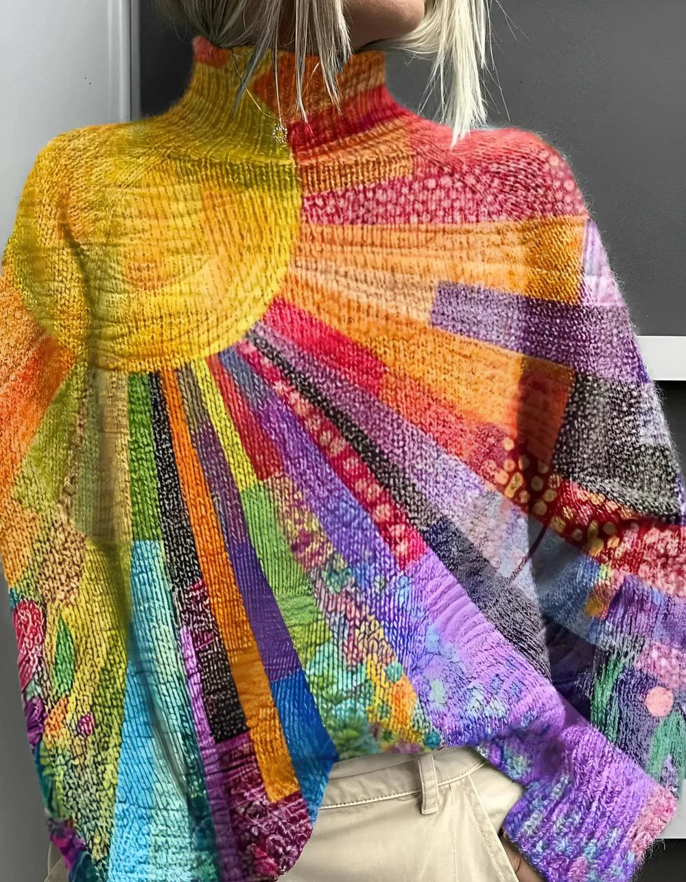 Women's multicolor abstract turtleneck sweater with long sleeves