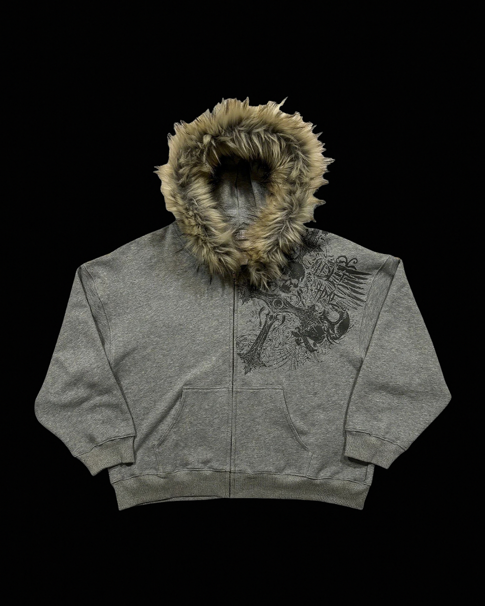 Graphic zip hoodie with fur-look hood trim and front pouch pocket