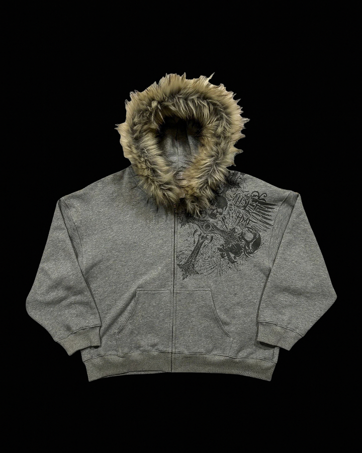Graphic zip hoodie with fur-look hood trim and front pouch pocket