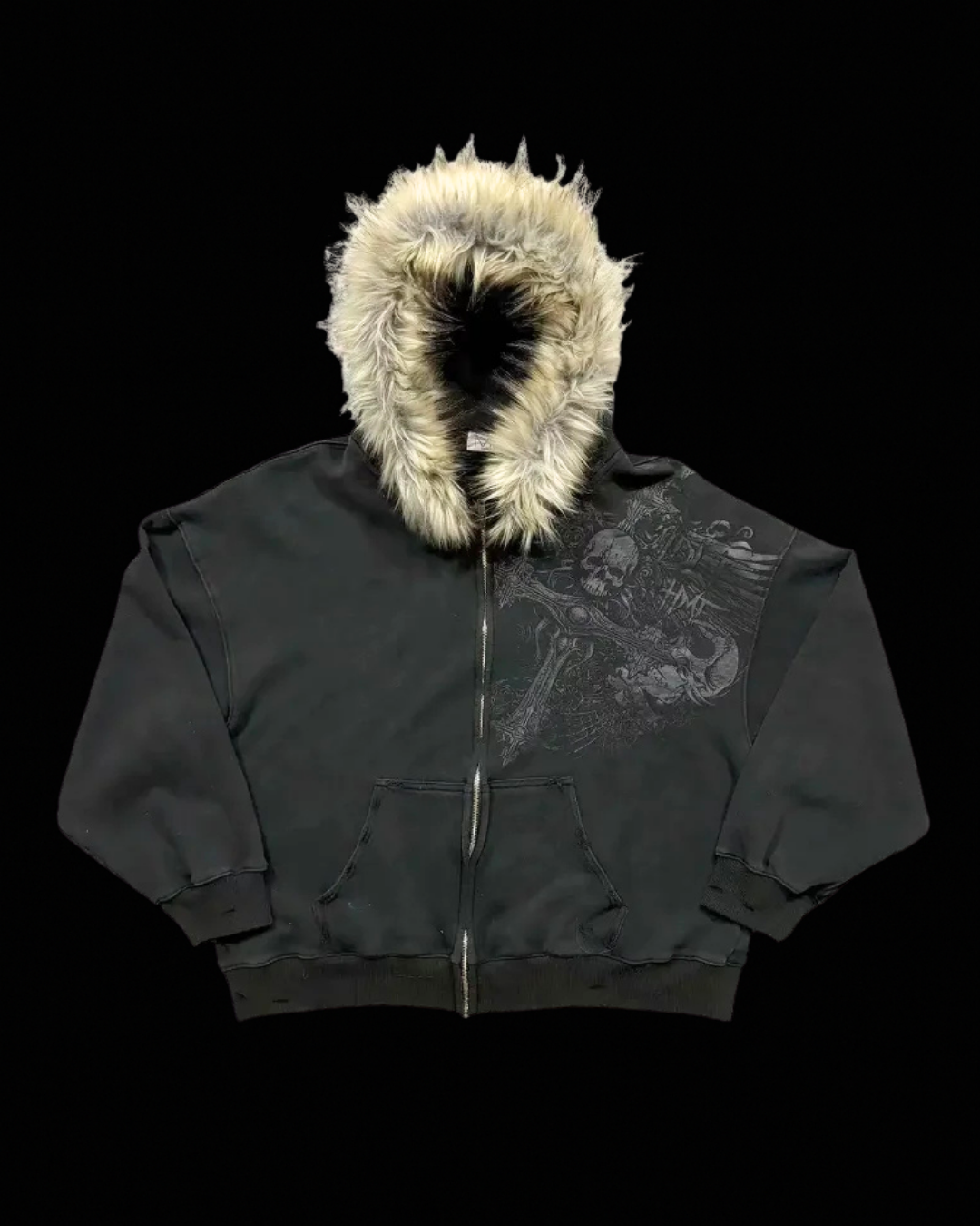 Graphic zip hoodie with fur-look hood trim and front pouch pocket