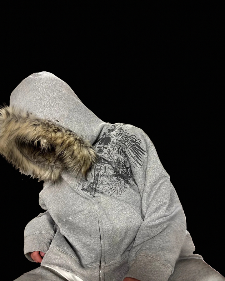 Graphic zip hoodie with fur-look hood trim and front pouch pocket