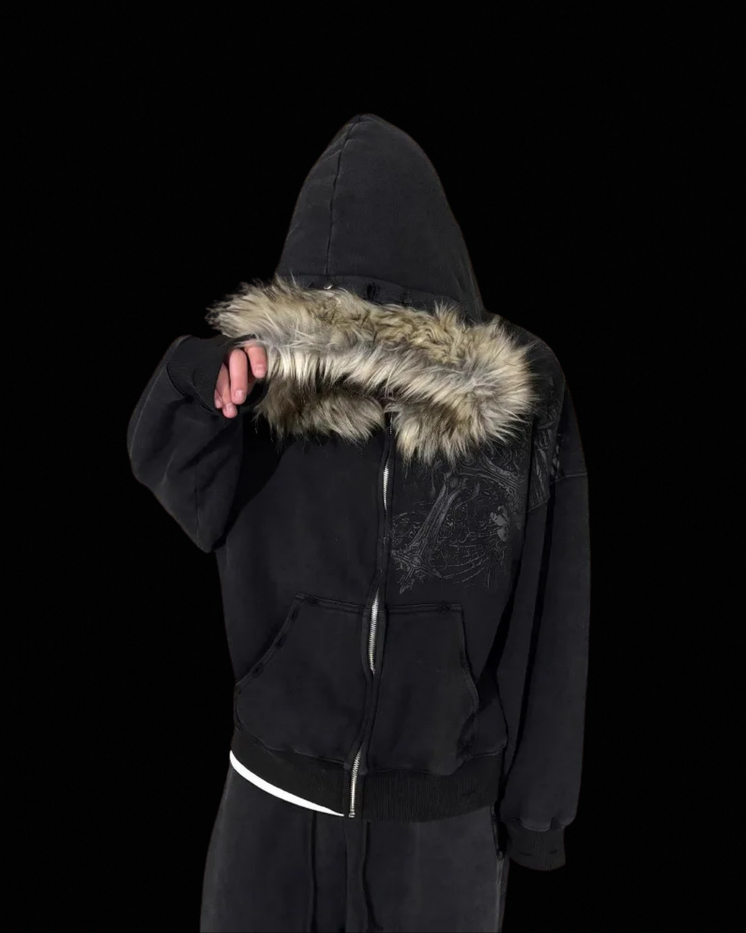 Graphic zip hoodie with fur-look hood trim and front pouch pocket