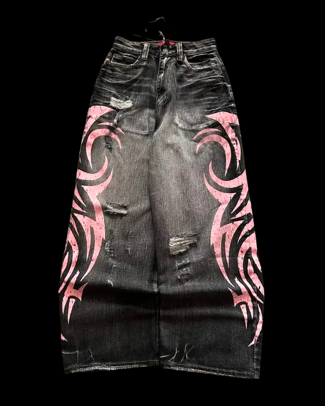 Black wide-leg jeans with pink graphic side panels and distressed details