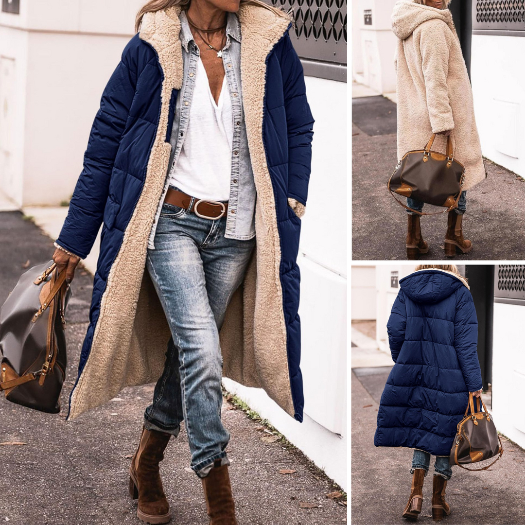 Women's long hooded quilted coat with textured lining and full-length silhouette