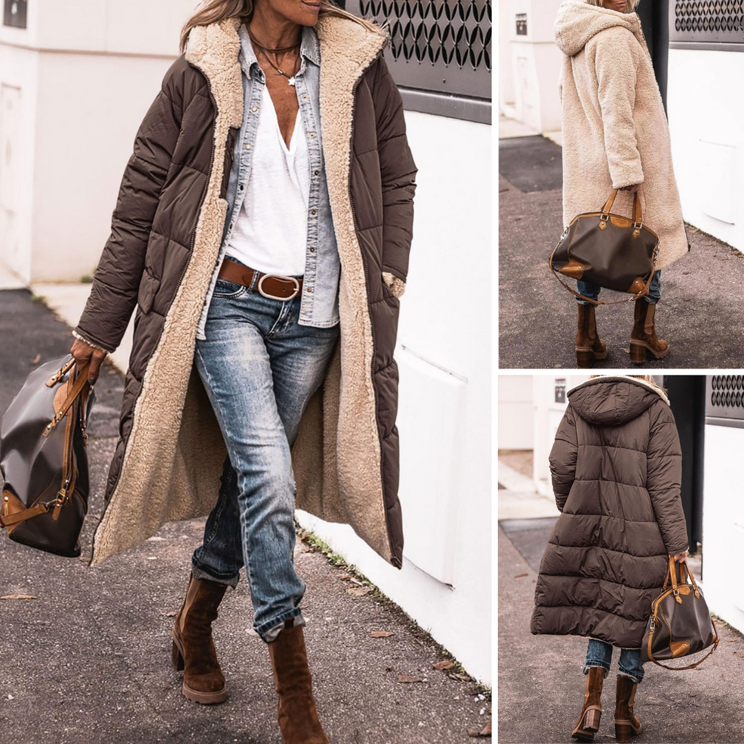 Women's long hooded quilted coat with textured lining and full-length silhouette