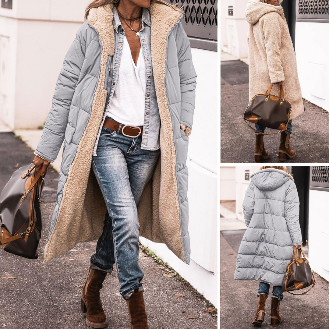 Women's long hooded quilted coat with textured lining and full-length silhouette
