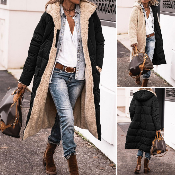 Women's long hooded quilted coat with textured lining and full-length silhouette