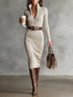 Women's beige ribbed midi dress with V-neck, long sleeves and belt