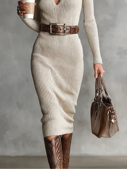 Women's beige ribbed midi dress with V-neck, long sleeves and belt