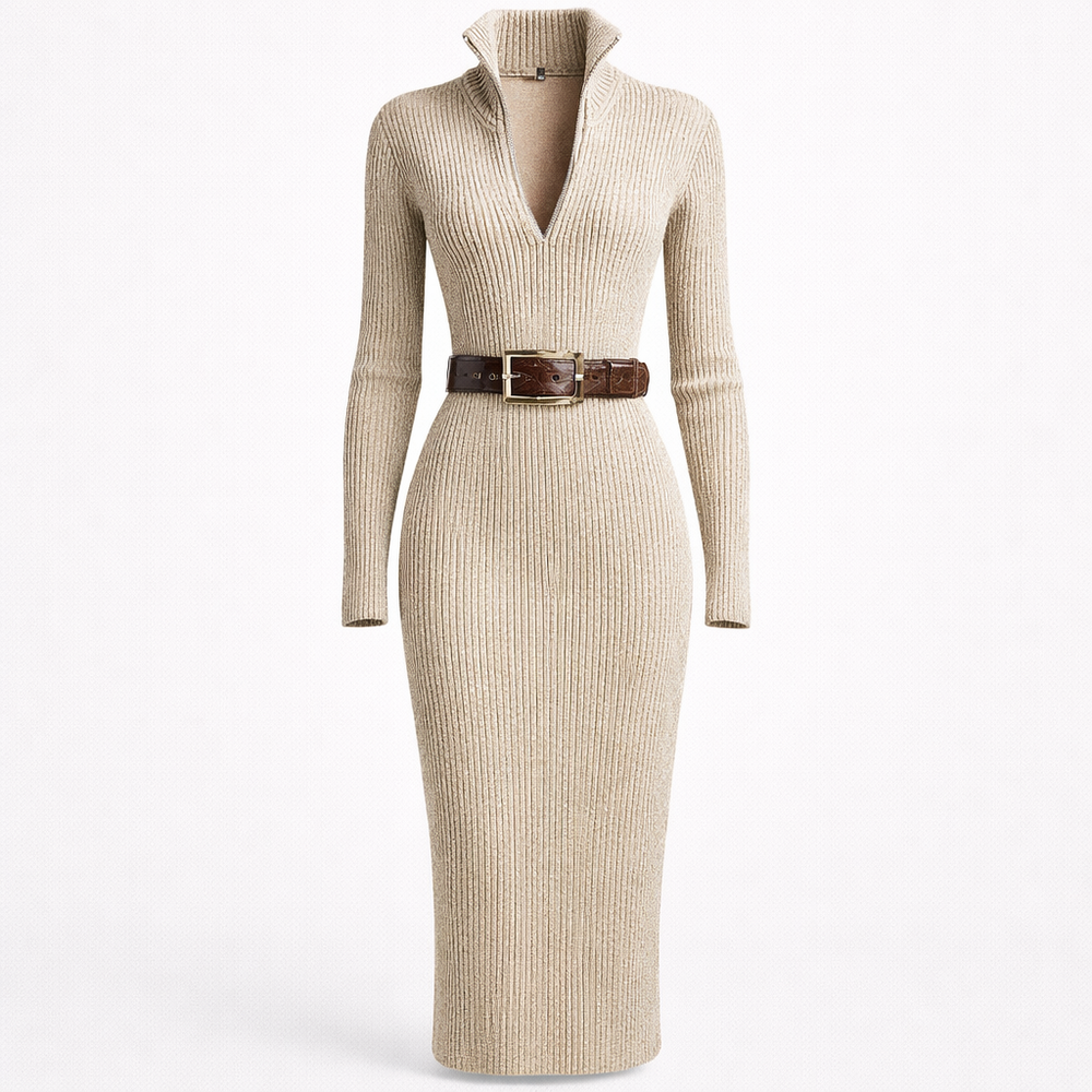Women's beige ribbed midi dress with V-neck, long sleeves and belt