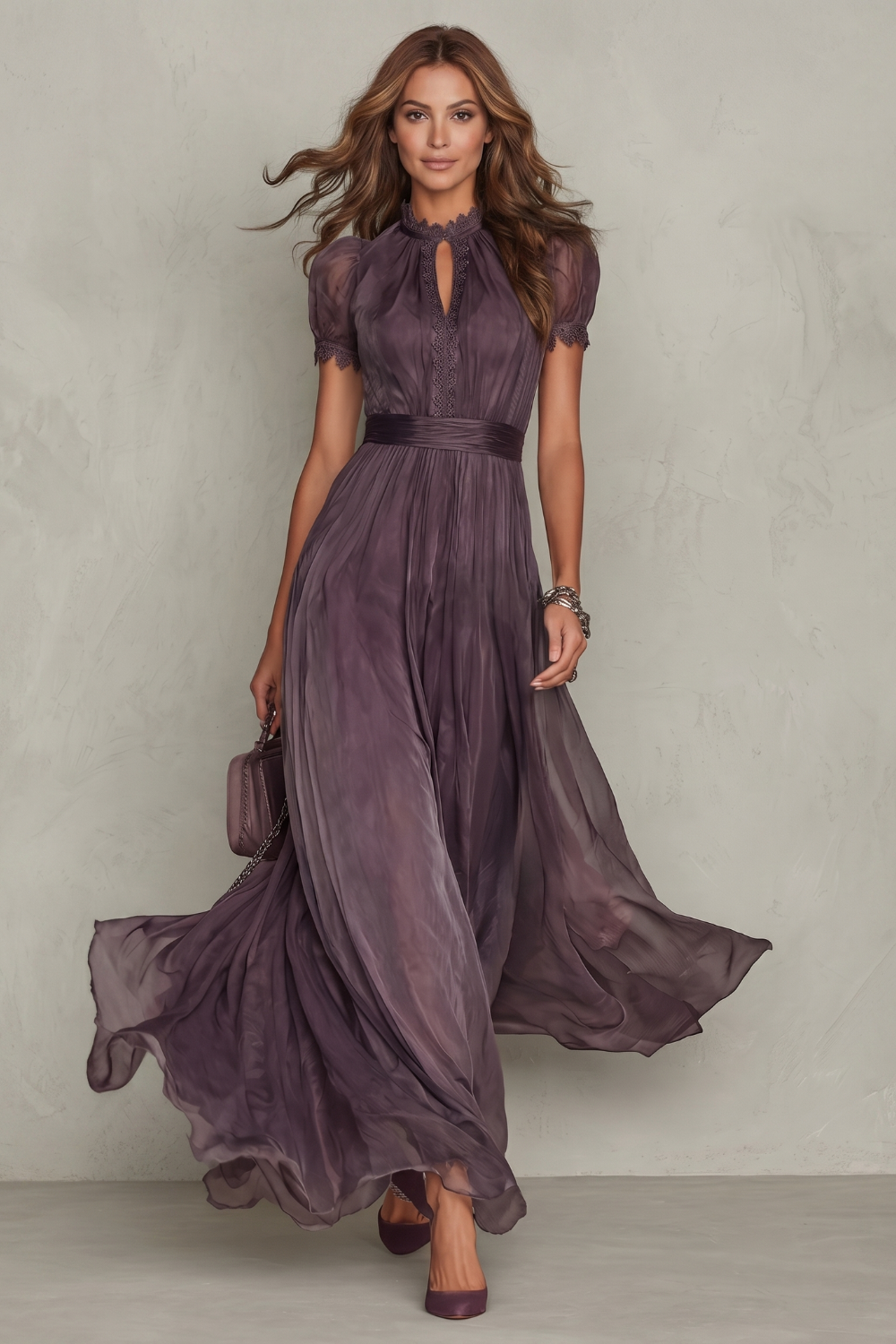 Women's purple lace keyhole maxi dress with short puffed sleeves and handkerchief hem