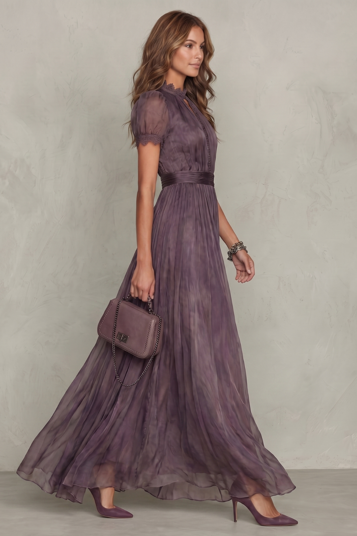 Women's purple lace keyhole maxi dress with short puffed sleeves and handkerchief hem