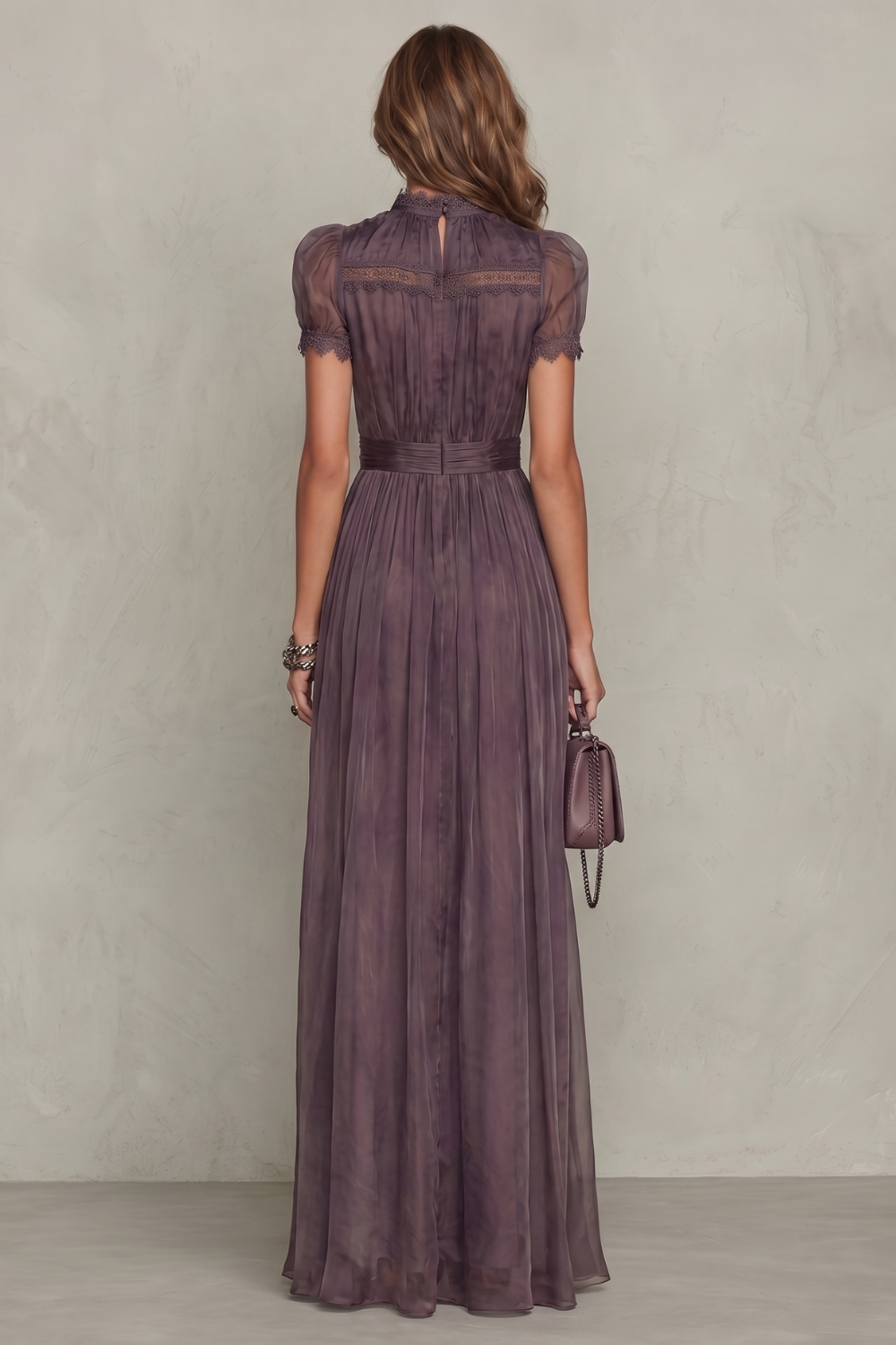 Women's purple lace keyhole maxi dress with short puffed sleeves and handkerchief hem