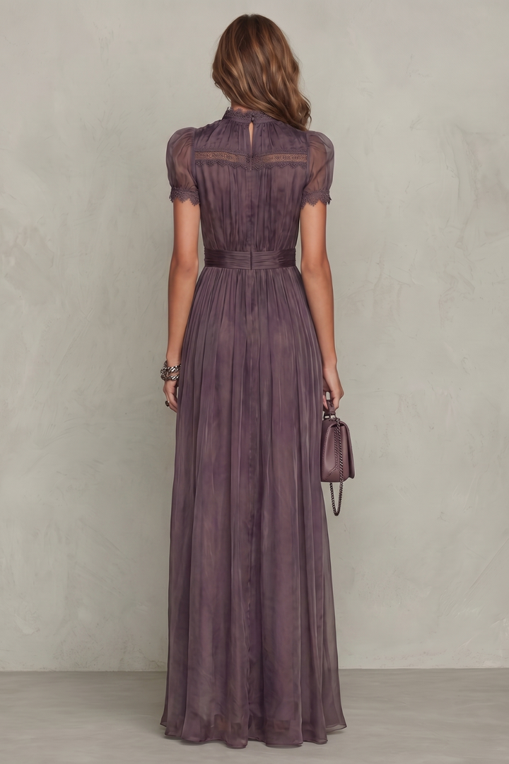 Women's purple lace keyhole maxi dress with short puffed sleeves and handkerchief hem