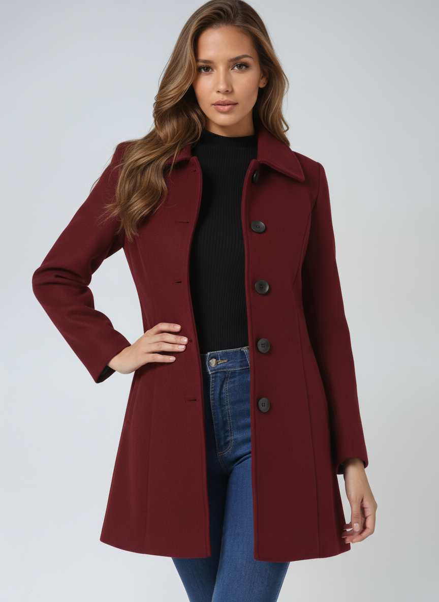 Women's single-breasted longline coat with notched collar and button front