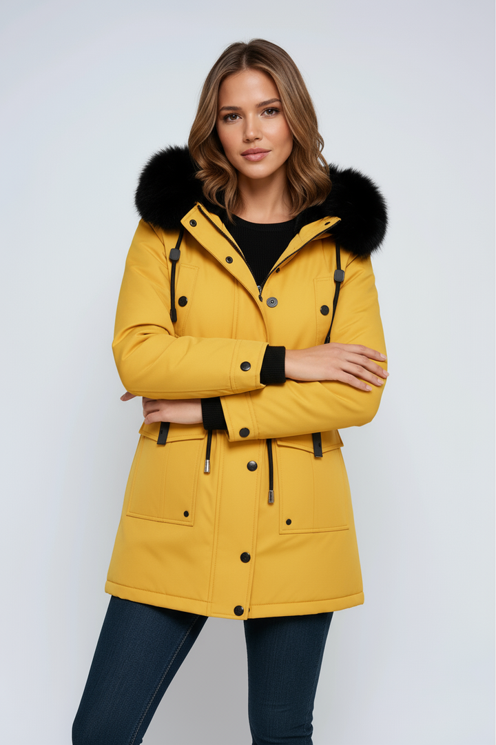Women's parka coat with fur trim hood and drawstring waist