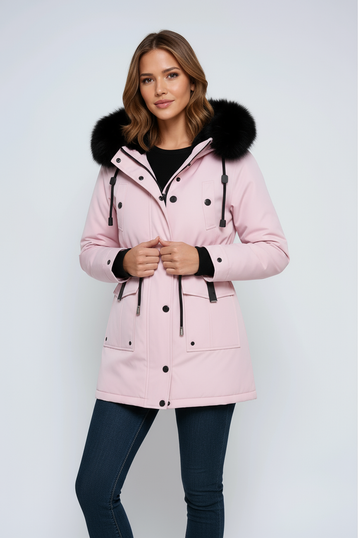 Women's parka coat with fur trim hood and drawstring waist