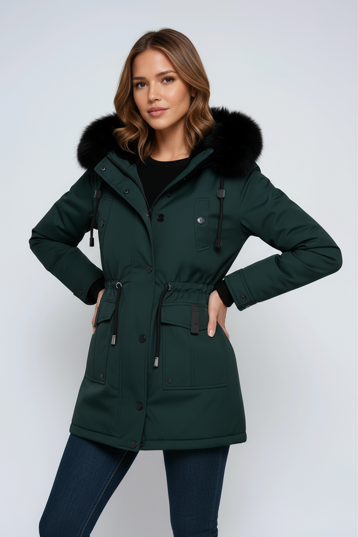 Women's parka coat with fur trim hood and drawstring waist