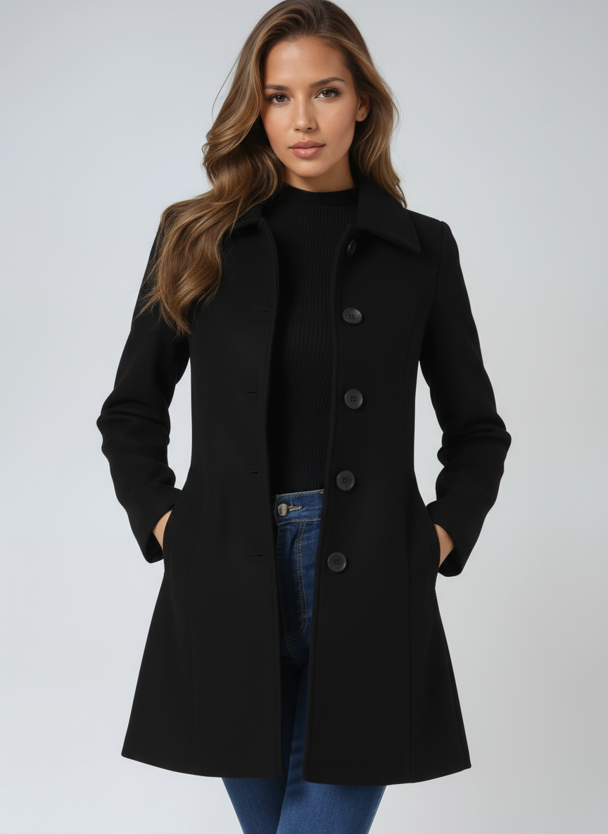 Women's single-breasted longline coat with notched collar and button front