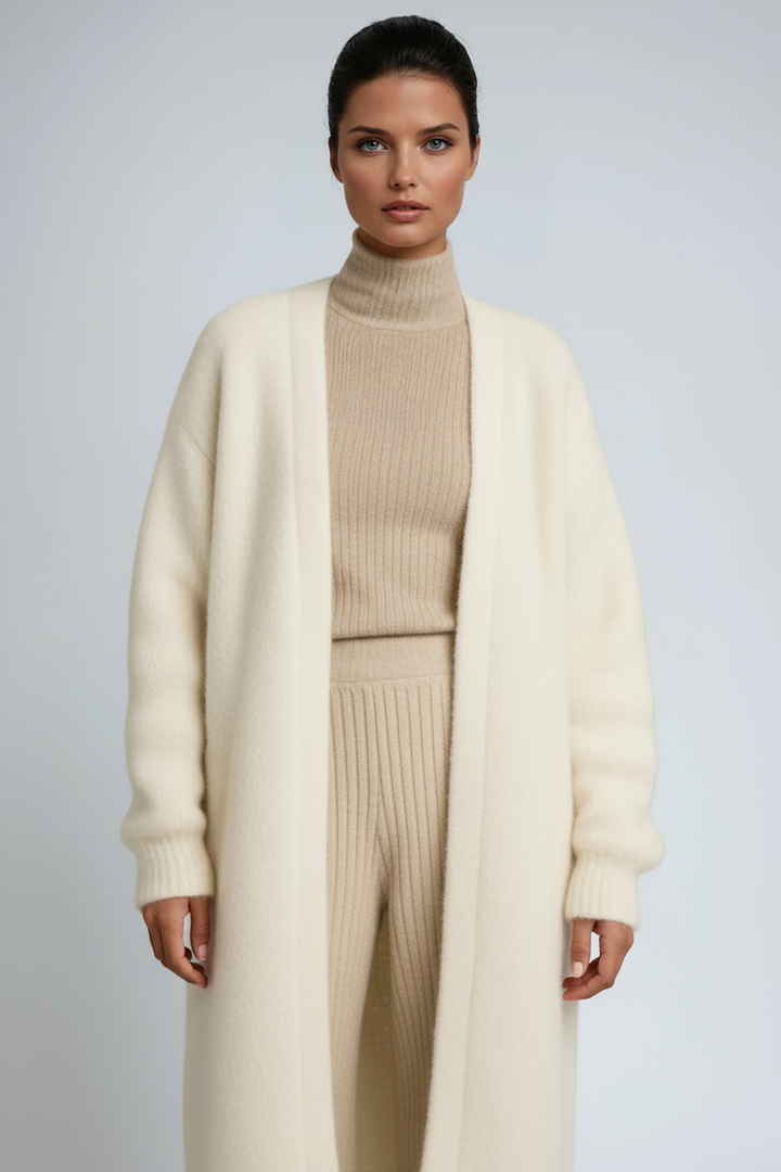 Women's long open front knit coat with relaxed fit and long sleeves