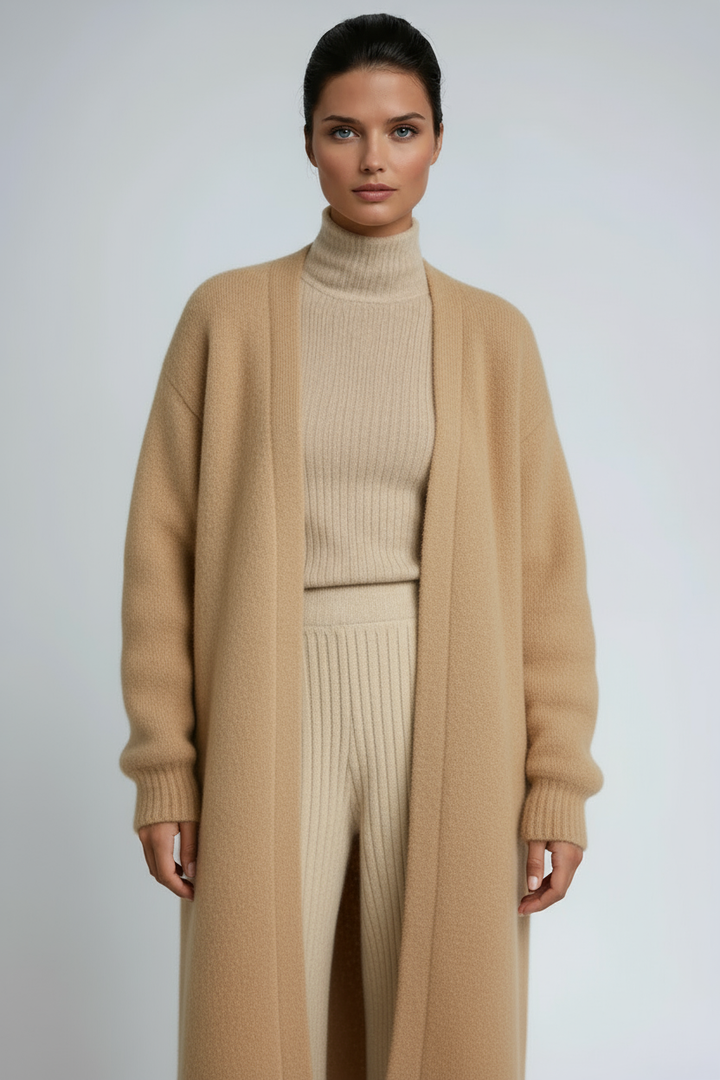 Women's long open front knit coat with relaxed fit and long sleeves