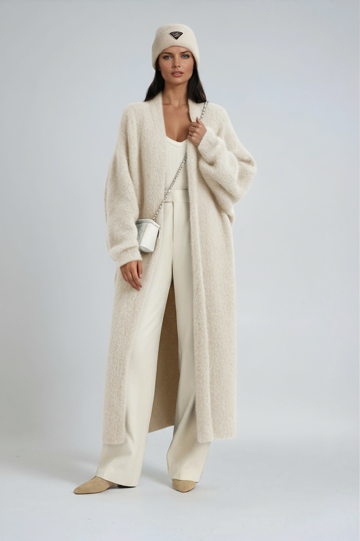Women's long open front knit coat with relaxed fit and long sleeves