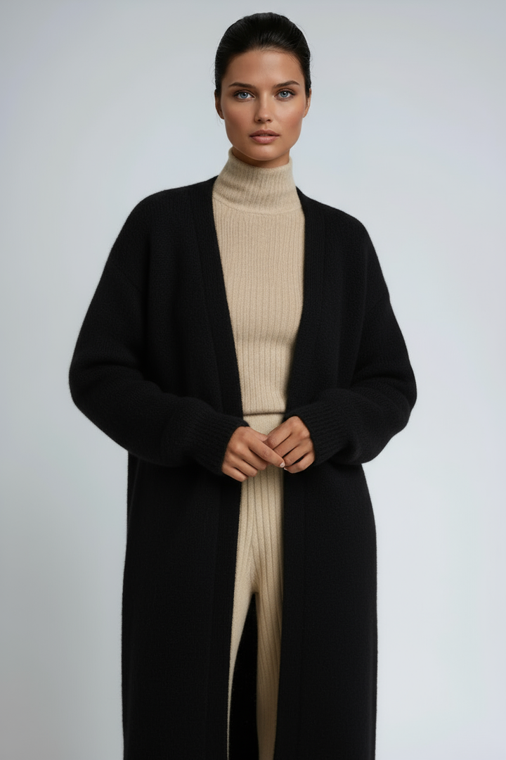 Women's long open front knit coat with relaxed fit and long sleeves