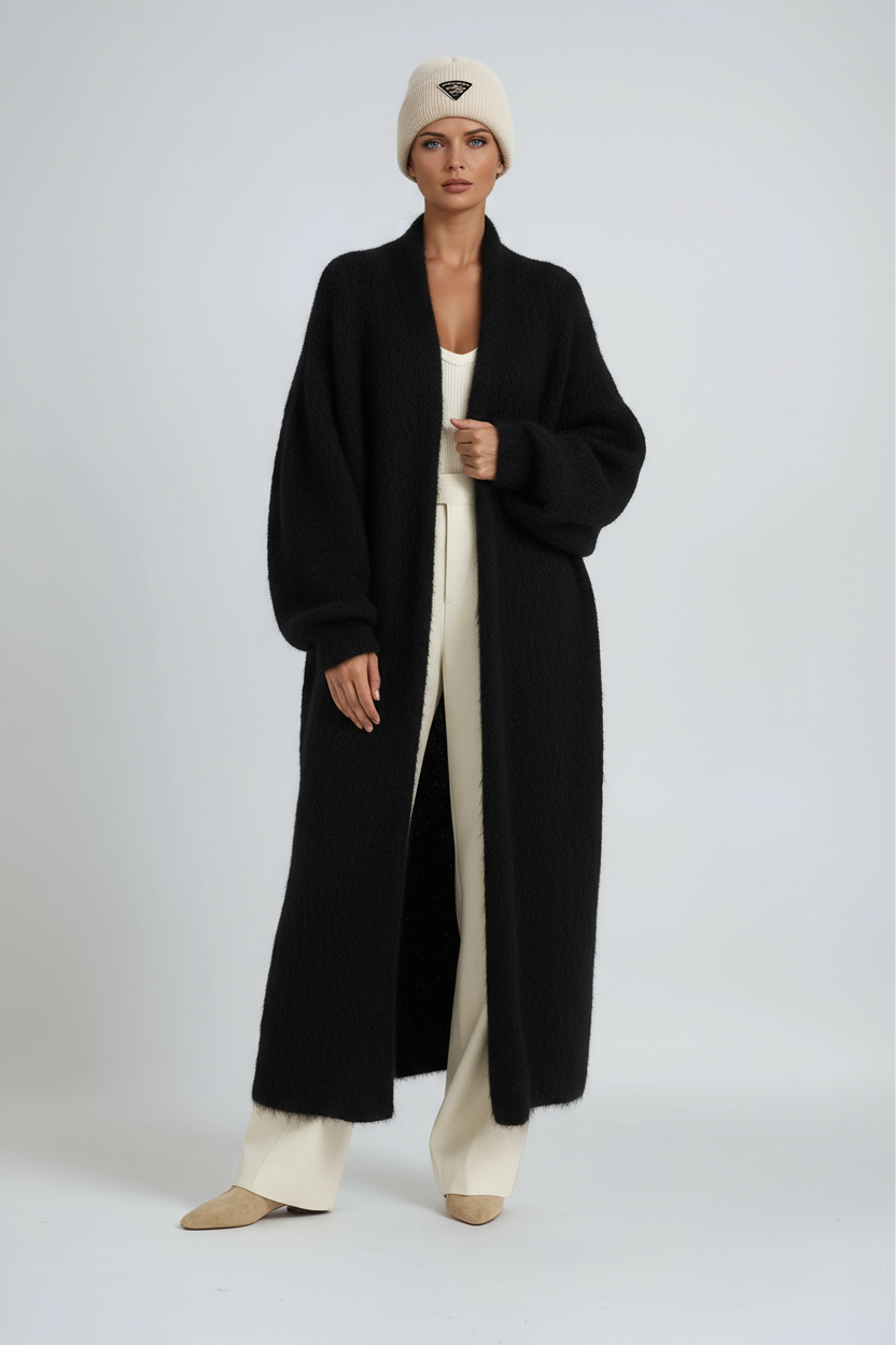 Women's long open front knit coat with relaxed fit and long sleeves