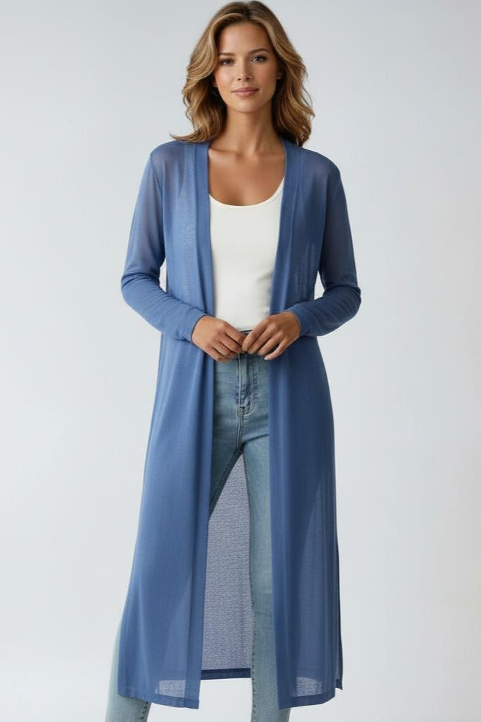 Women's longline open cardigan with side slits