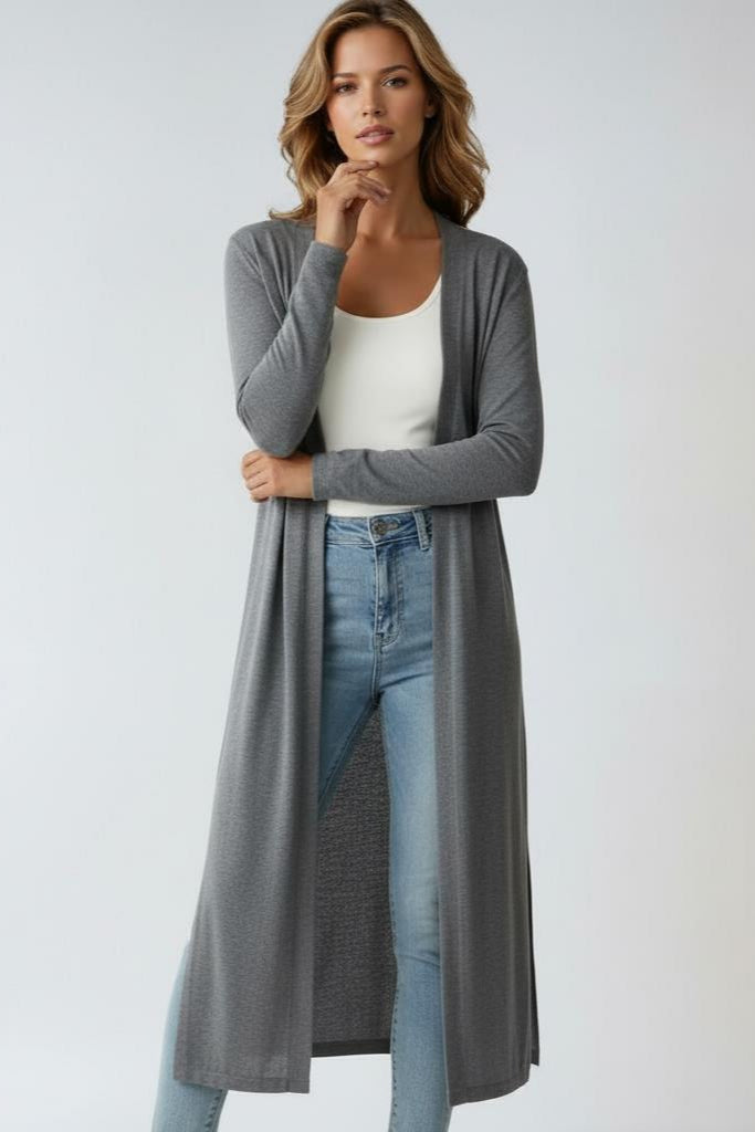 Women's longline open cardigan with side slits