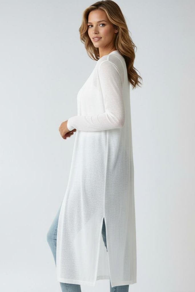 Women's longline open cardigan with side slits