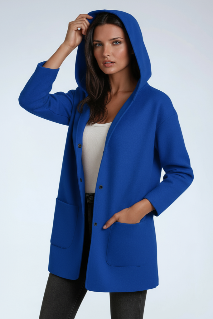 Women's hooded mid-length coat with buttons and front patch pockets