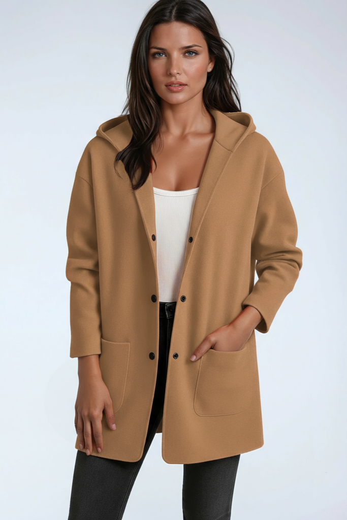 Women's hooded mid-length coat with buttons and front patch pockets