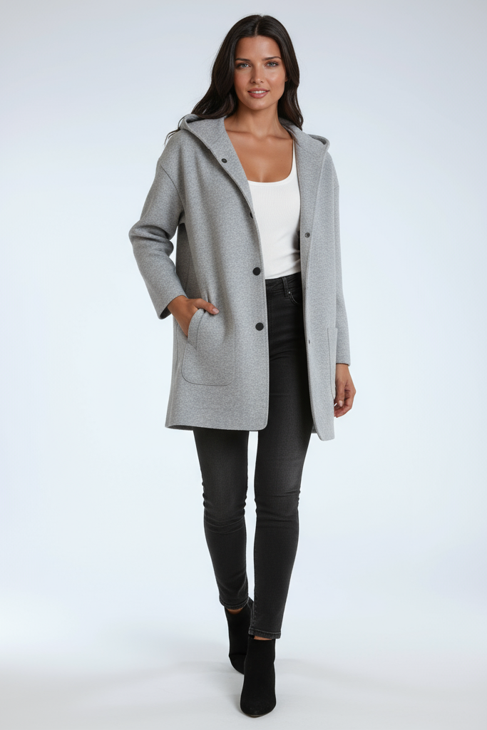 Women's hooded mid-length coat with buttons and front patch pockets