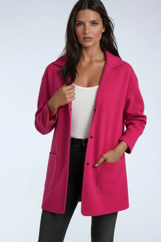 Women's hooded mid-length coat with buttons and front patch pockets