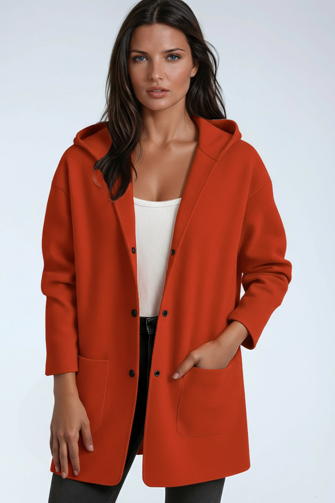 Women's hooded mid-length coat with buttons and front patch pockets